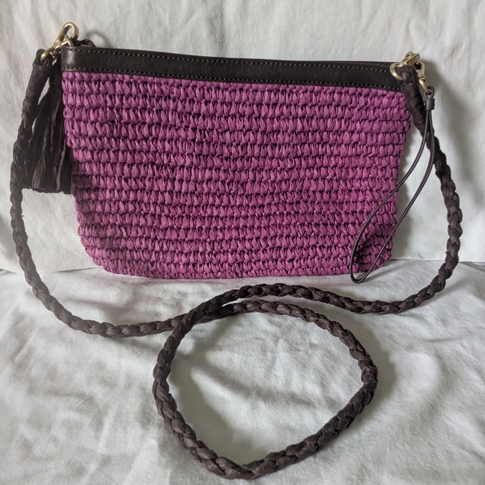 J.Jill Crochet Woven Straw Purse Purple w/ Leather Trim Removable Strap